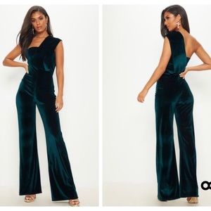 Emerald Green Velvet Drape One Shoulder Jumpsuit